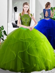 Flirting Olive Green Tulle Zipper Scoop Sleeveless Floor Length Quinceanera Gowns Lace and Ruffles