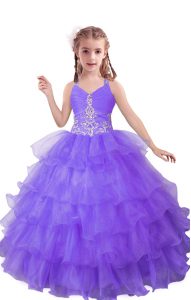 Ball Gowns Little Girls Pageant Dress Lilac V-neck Organza Sleeveless Floor Length Zipper