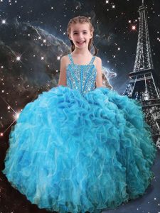 Ball Gowns Winning Pageant Gowns Aqua Blue Straps Organza Sleeveless Floor Length Lace Up