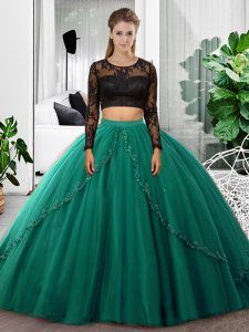 Cheap Scoop Long Sleeves Backless 15th Birthday Dress Dark Green Tulle