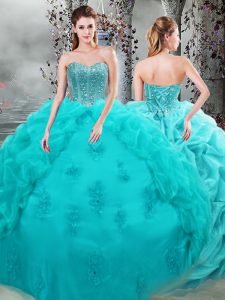 Ball Gowns Quinceanera Dress Aqua Blue Sweetheart Organza Sleeveless Floor Length Lace Up