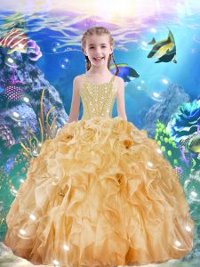 Sleeveless Organza Floor Length Lace Up Girls Pageant Dresses in Champagne with Beading and Ruffles