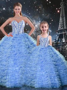 Chic Blue Lace Up Sweetheart Beading and Ruffles Quinceanera Gowns Tulle Sleeveless