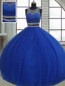 Customized Scoop Sleeveless Quinceanera Dresses Floor Length Beading and Sequins Royal Blue Tulle