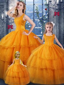 Orange Ball Gowns Ruffled Layers 15th Birthday Dress Lace Up Organza Sleeveless Floor Length