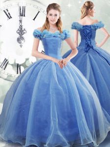 Light Blue Sweet 16 Quinceanera Dress Military Ball and Sweet 16 and Quinceanera with Pick Ups Off The Shoulder Sleeveless Brush Train Lace Up