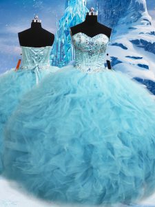 Unique Aqua Blue Ball Gowns Tulle Sweetheart Sleeveless Beading and Pick Ups Floor Length Lace Up Quinceanera Dress