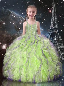 Yellow Green Little Girls Pageant Gowns Quinceanera and Wedding Party with Beading and Ruffles Straps Sleeveless Lace Up