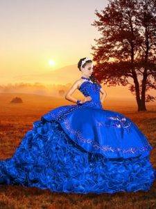 Spectacular Sweetheart Sleeveless Sweet 16 Dresses Brush Train Embroidery and Ruffles Blue Organza