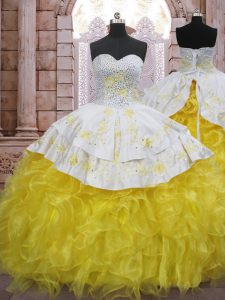 Beauteous Sweetheart Sleeveless Sweet 16 Dress Brush Train Beading and Appliques and Ruffles Yellow And White Organza