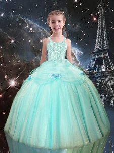 Luxurious Floor Length Aqua Blue Little Girls Pageant Dress Wholesale Tulle Sleeveless Beading