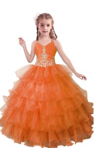 Orange Red Sleeveless Beading and Ruffled Layers Floor Length Little Girls Pageant Dress Wholesale