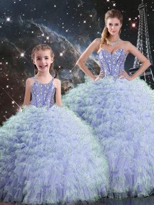 Superior Floor Length Lace Up Vestidos de Quinceanera Lavender for Military Ball and Sweet 16 and Quinceanera with Beading and Ruffles