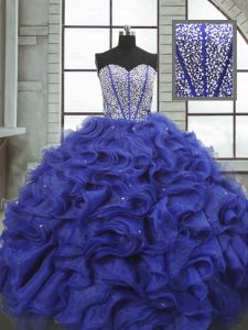 Super Blue Sleeveless Floor Length Beading and Ruffles Lace Up Ball Gown Prom Dress
