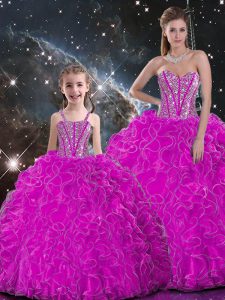 Trendy Fuchsia Lace Up Sweet 16 Dresses Beading and Ruffles Sleeveless Floor Length