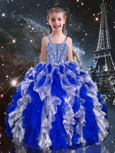 Beading and Ruffles Little Girls Pageant Dress Wholesale Blue Lace Up Sleeveless Floor Length