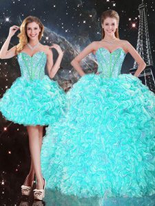High Class Aqua Blue Strapless Neckline Beading and Ruffles Ball Gown Prom Dress Sleeveless Lace Up