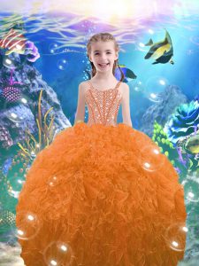 Most Popular Orange Red Lace Up Kids Formal Wear Beading and Ruffles Sleeveless Floor Length