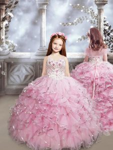 Sleeveless Beading and Ruffles Lace Up Child Pageant Dress with Baby Pink Brush Train