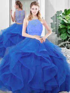Shining Lace and Ruffles Sweet 16 Quinceanera Dress Blue Zipper Sleeveless Floor Length
