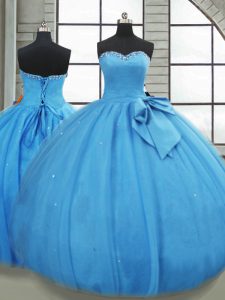 High Class Ball Gowns Quinceanera Dresses Baby Blue Sweetheart Tulle Sleeveless Floor Length Lace Up
