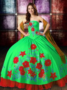 Satin Sleeveless Floor Length Quinceanera Gowns and Embroidery
