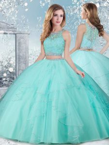 Extravagant Floor Length Aqua Blue Sweet 16 Dresses Tulle Sleeveless Beading