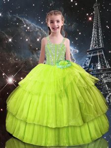 Yellow Green Pageant Dress for Womens Quinceanera and Wedding Party with Beading and Ruffled Layers Straps Sleeveless Lace Up