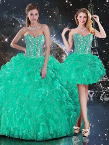 Hot Sale Turquoise Lace Up Sweetheart Beading and Ruffles Ball Gown Prom Dress Organza Sleeveless