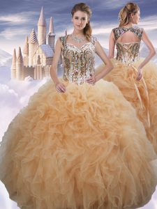 Charming Floor Length Lace Up Quinceanera Gown Champagne for Military Ball and Sweet 16 and Quinceanera with Beading and Ruffles