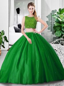 Sexy Green Tulle Zipper Quinceanera Dress Sleeveless Floor Length Lace and Ruching
