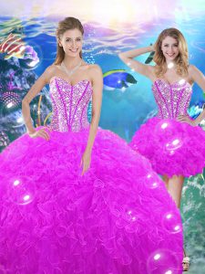 Sweetheart Sleeveless Quinceanera Gowns Floor Length Beading and Ruffles Fuchsia Organza