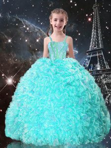 New Arrival Floor Length Lace Up Little Girl Pageant Gowns Turquoise for Quinceanera and Wedding Party with Beading and Ruffles
