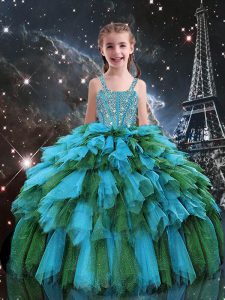 Floor Length Lace Up Little Girls Pageant Gowns Teal for Quinceanera and Wedding Party with Beading and Ruffles