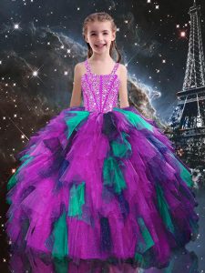 Superior Straps Sleeveless Lace Up Pageant Dress for Teens Fuchsia Tulle