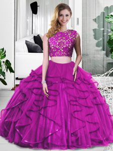 Fuchsia Zipper Quinceanera Gowns Lace and Ruffles Sleeveless Floor Length