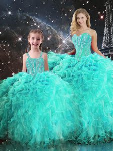Amazing Turquoise Sweetheart Lace Up Beading and Ruffles Sweet 16 Quinceanera Dress Sleeveless