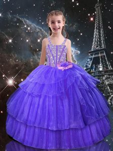 New Style Eggplant Purple Ball Gowns Organza Straps Sleeveless Beading and Ruffled Layers Floor Length Lace Up Little Girls Pageant Gowns