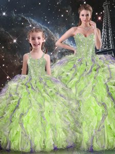 Yellow Green Ball Gowns Beading and Ruffles Vestidos de Quinceanera Lace Up Organza Sleeveless Floor Length