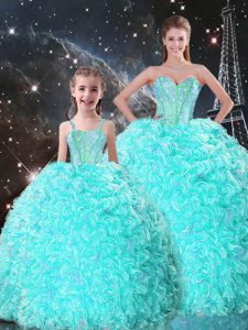 Inexpensive Turquoise Sleeveless Beading and Ruffles Floor Length 15th Birthday Dress