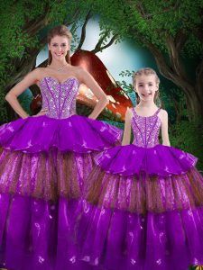 Sleeveless Organza Floor Length Lace Up Quinceanera Dresses in Purple with Beading and Ruffled Layers
