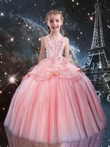 Adorable Floor Length Ball Gowns Sleeveless Rose Pink Pageant Gowns For Girls Lace Up