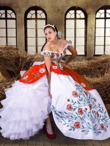 Nice Multi-color Ball Gowns Off The Shoulder Sleeveless Taffeta Floor Length Lace Up Embroidery and Ruffled Layers Quinceanera Dresses