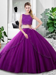 Sumptuous Purple Two Pieces Tulle Scoop Sleeveless Lace and Ruching Floor Length Zipper 15 Quinceanera Dress