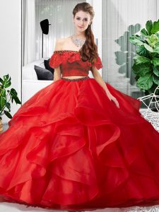 Sleeveless Lace Up Floor Length Lace and Ruffles Ball Gown Prom Dress