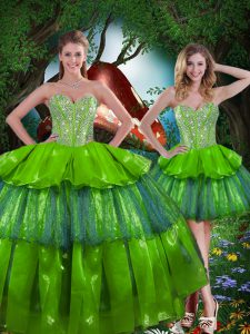 Olive Green Lace Up 15 Quinceanera Dress Beading and Ruffled Layers Sleeveless Floor Length