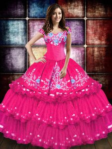 Taffeta Off The Shoulder Sleeveless Lace Up Embroidery and Ruffled Layers Quinceanera Dress in Hot Pink