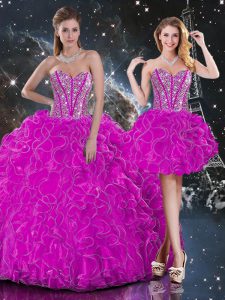 Fuchsia Sleeveless Beading and Ruffles Floor Length Ball Gown Prom Dress
