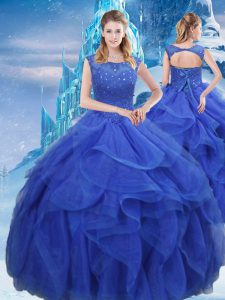 Custom Design Organza Bateau Sleeveless Lace Up Ruffles and Sequins Sweet 16 Quinceanera Dress in Royal Blue