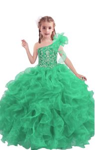 Apple Green Ball Gowns Beading and Ruffles Girls Pageant Dresses Lace Up Organza Sleeveless Floor Length